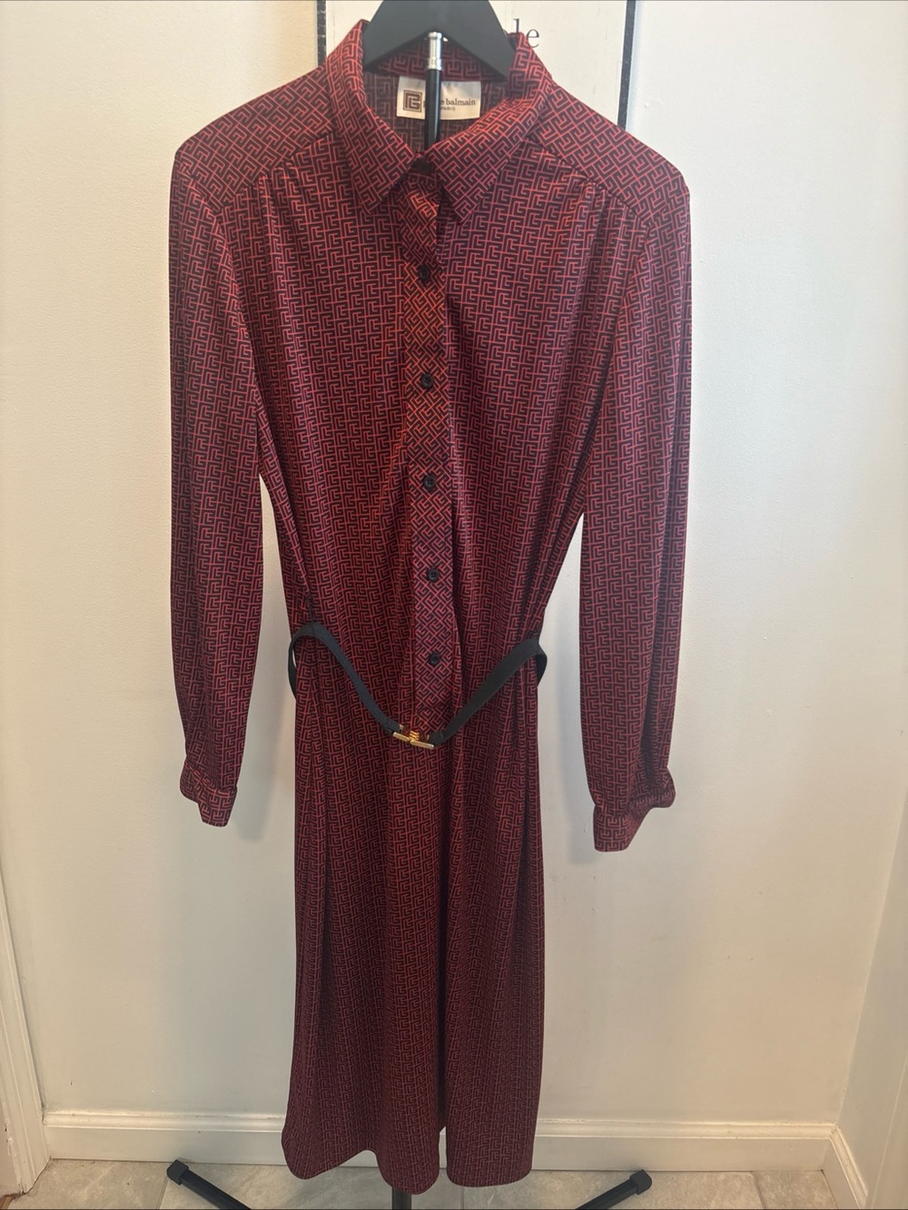 Pierre Balmain 1970’s rare Burgundy Printed Long-Sleeve Shirt Dress with Belt